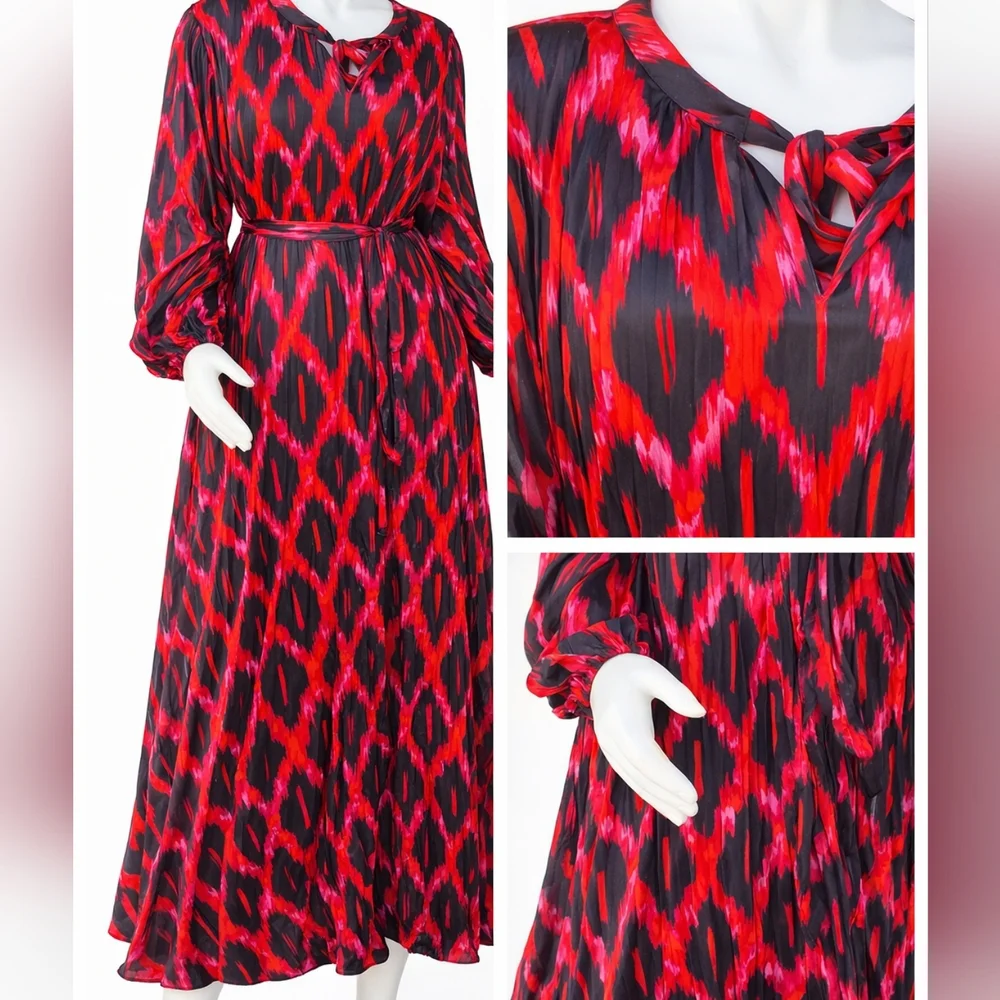 Scoop Plus Size 16/18 Red Black Ikat Midi Dress Belted Boho Long Sleeve - Picture 2 of 11